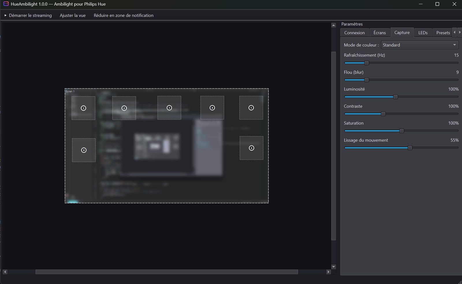 Interface de HueAmbilight, avec la disposition des LED sur le canvas et les réglages de capture