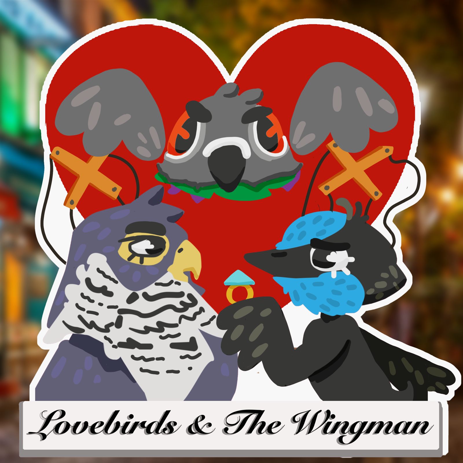 Illustration de couverture de Lovebirds & The Wingman, deux oiseaux sous un cœur