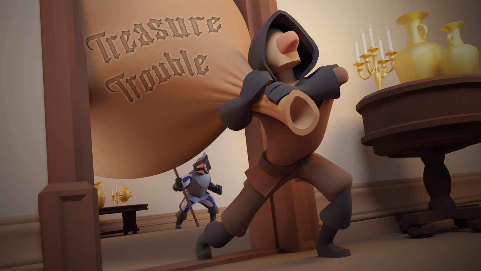 Illustration de couverture de Treasure Trouble!, un voleur s'enfuit avec un sac de butin pendant qu'un garde le poursuit